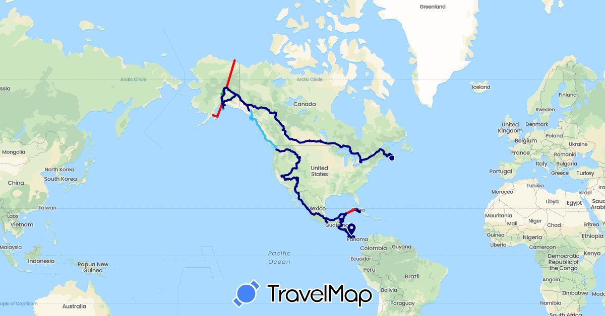 TravelMap itinerary: driving, bus, boat, airplane in Belize, Canada, Costa Rica, Cuba, Guatemala, Mexico, Nicaragua, El Salvador, United States (North America)