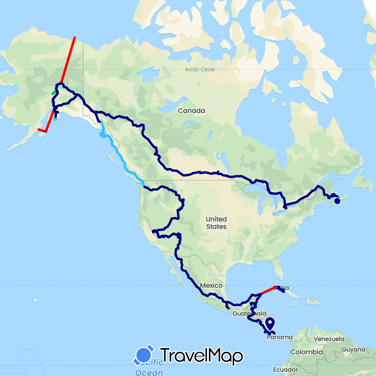 TravelMap itinerary: driving, bus, boat, airplane in Belize, Canada, Costa Rica, Cuba, Guatemala, Mexico, Nicaragua, El Salvador, United States (North America)