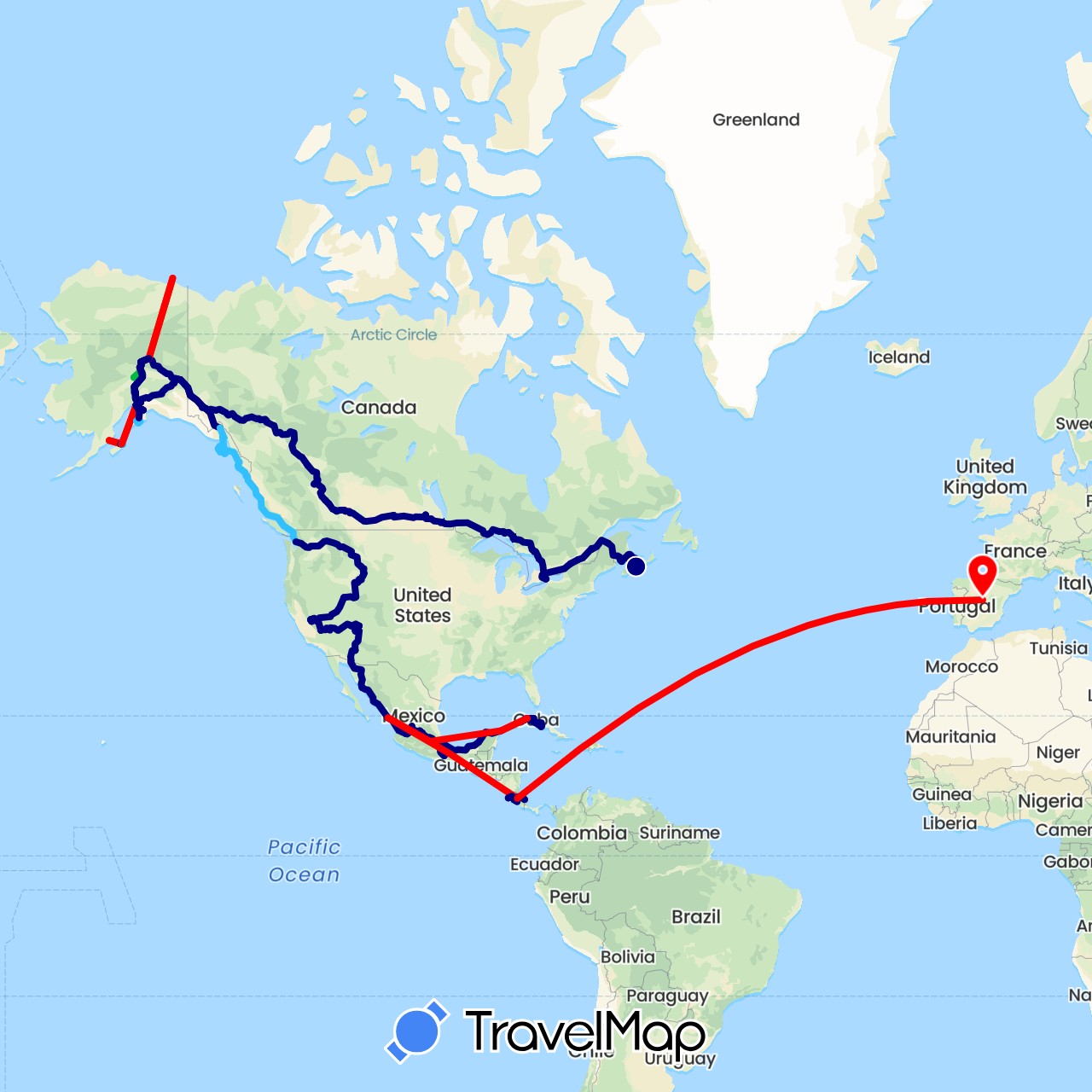 TravelMap itinerary: driving, bus, boat, airplane in Canada, Costa Rica, Cuba, Spain, Mexico, United States (Europe, North America)