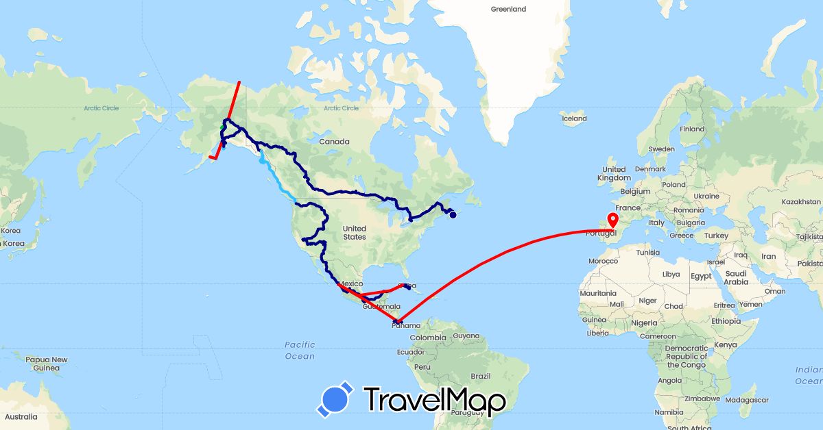 TravelMap itinerary: driving, bus, boat, airplane in Canada, Costa Rica, Cuba, Spain, Mexico, United States (Europe, North America)