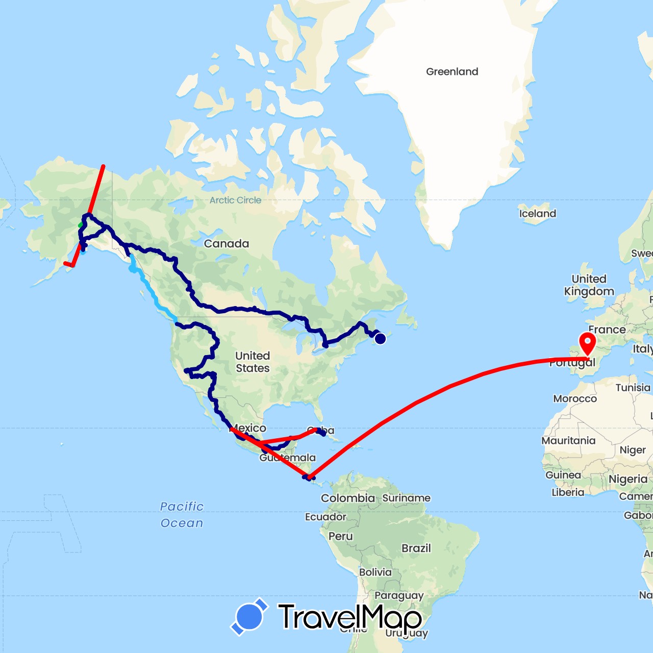 TravelMap itinerary: driving, bus, boat, airplane in Canada, Costa Rica, Cuba, Spain, Mexico, United States (Europe, North America)
