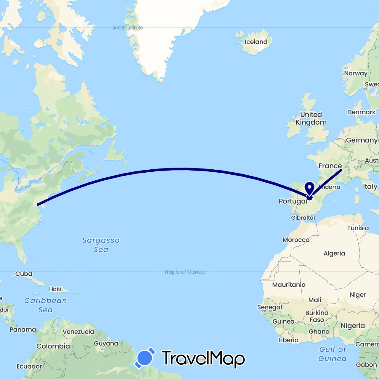 TravelMap itinerary: driving in Spain, France, United States (Europe, North America)